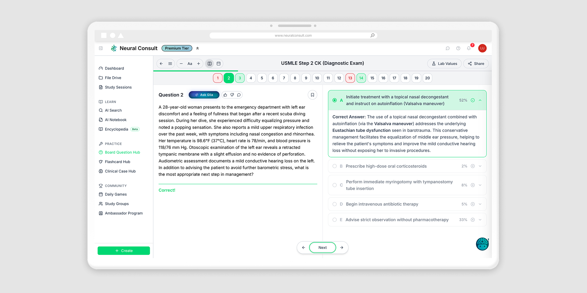 Neural Consult medical education platform showing a USMLE Step 2 CK board question, answer choices with response percentages, and an AI-assisted explanation
