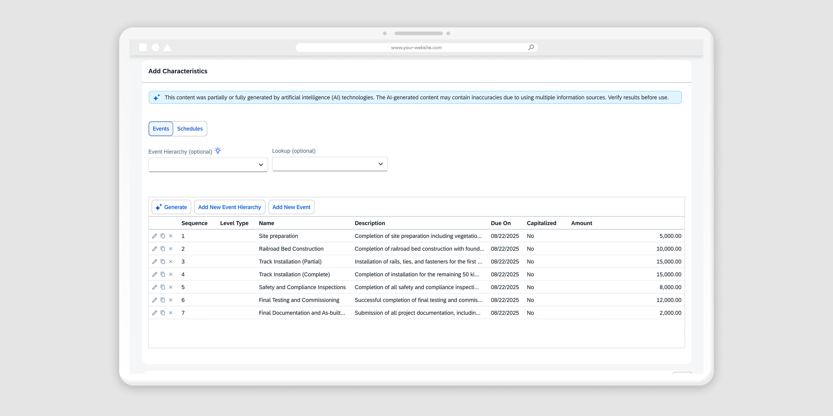 SAP Fiori Add Characteristics screen with an AI disclosure banner and a generated table of project milestones, sequences, descriptions, due dates and amounts