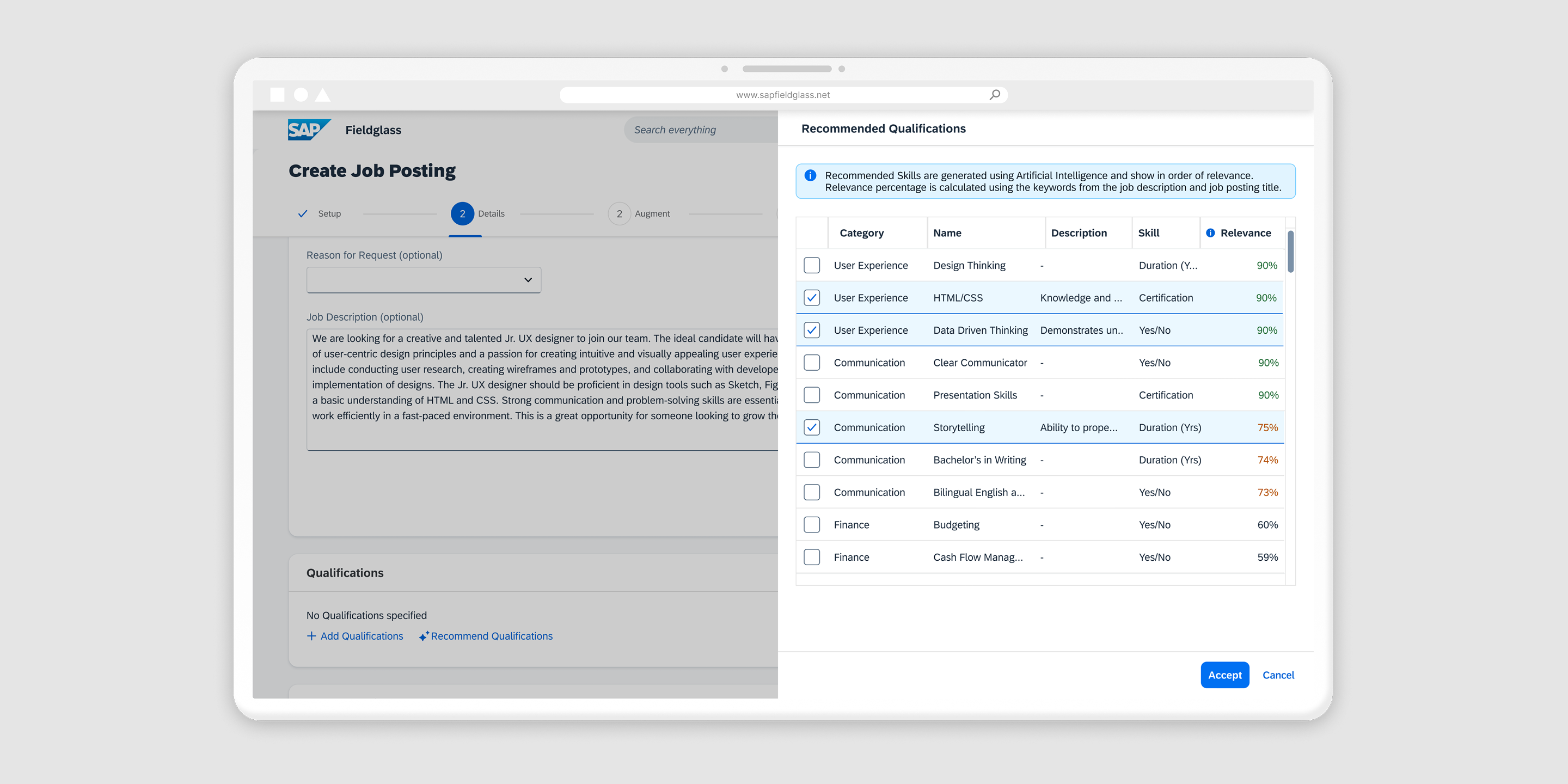 SAP Fieldglass Create Job Posting screen with a Recommended Qualifications side panel showing an AI-generated table of skills sorted by relevance percentage, with several rows selected