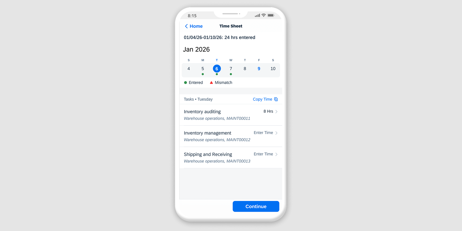 SAP time sheet mobile screen with a weekly calendar, entered and mismatch indicators, a task list with hours, and a continue button